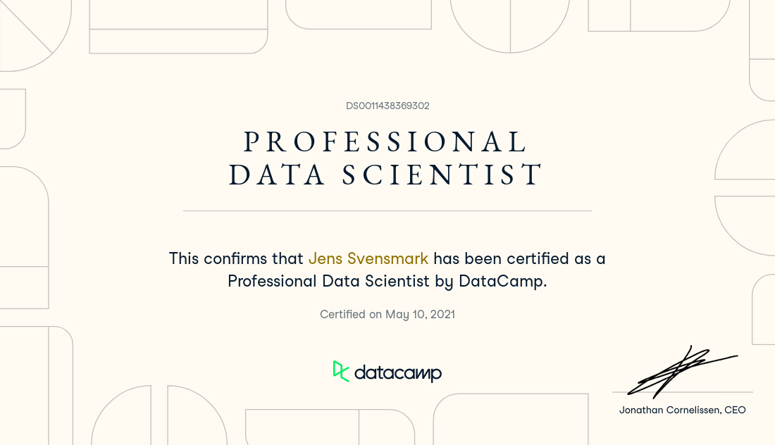 Jens Svensmark's Data Scientist Professional certificate